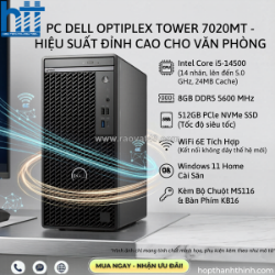 Máy tính để bàn dell optilex 7020mt intel core i5-14500 (24mb cache, 14 cores, 20threads, up to 5.0 ghz turbo, 65w), 8gb ddr5, 512gb ssd, uhd graphics, win11 home, no dvd, wifi 6e, key kb216, mouse ms116, 0w suply, 1y