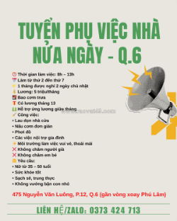 Phụ việc nhà quận 6 bao cơm