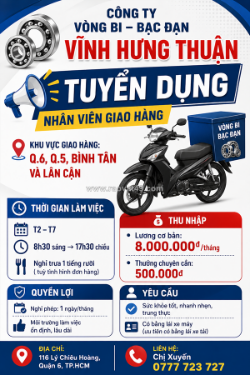 Tuyển nhân viên giao hàng quận 6, quận 5, bình tân