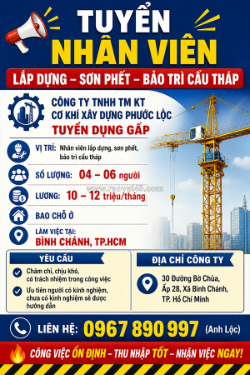 Tuyển nv lắp dựng, sơn phết, bảo trì cẩu tháp